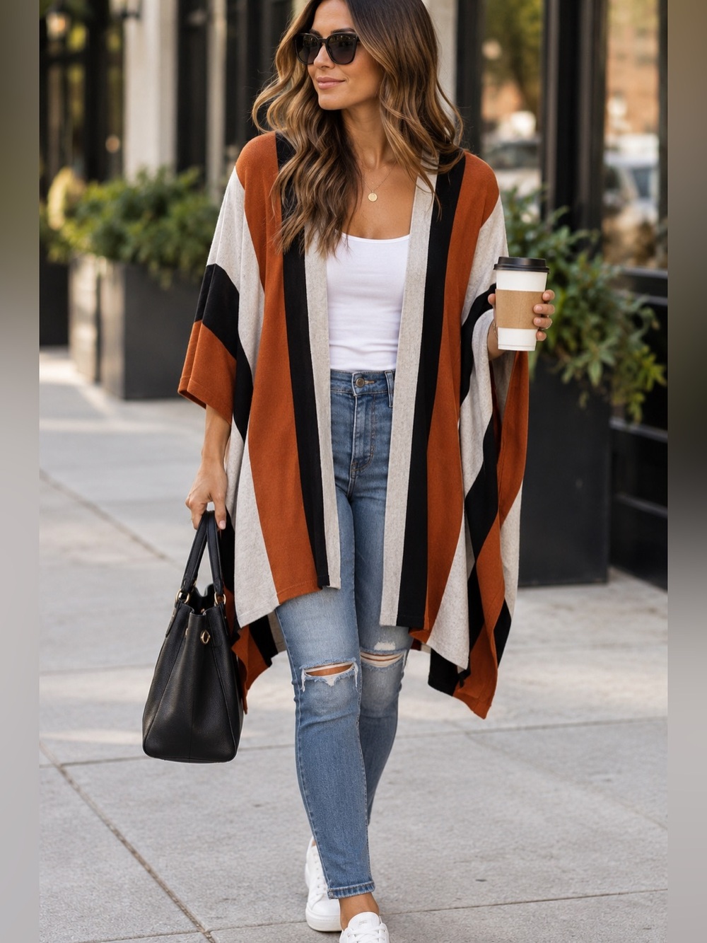 H&M Oversized Colorblock Open Front Cardigan Poncho XS/S Rust Black Cream